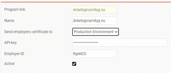 The image shows the fields you can fill in to activate the program link to arbetsgivarintyg.nu.