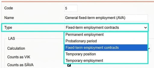The image shows a Form of Employment where there is a field for Type, where you can select from a list of different types of employments.