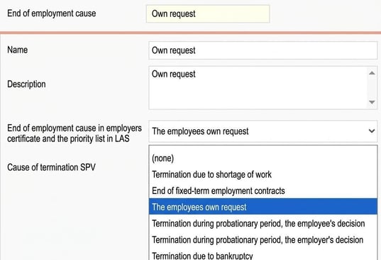 The image shows the list of various end of employment causes in the employers certificate that you can choose for an end of employment cause.