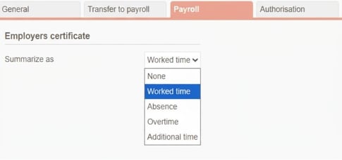 The image shows the Pay tab for a time code, where you can choose in a list how the time code should be summarised in the employers certificate.