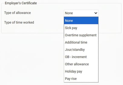 The image shows the setting for a pay code in the pay code register, under the Pay tab, where you can select the type of allowance it should be for the employers certificate.