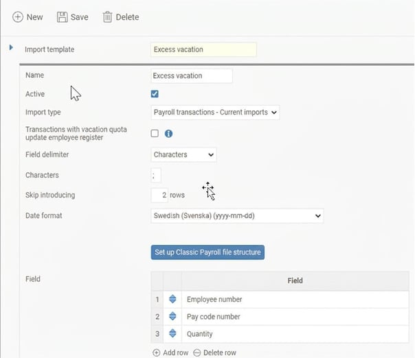 The image shows an overview of an import template for ongoing import of transactions.