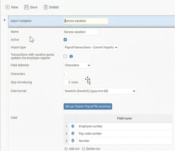The image shows the overview of an import template for ongoing import of transactions.
