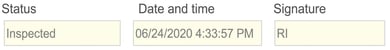 The image displays the fields for status, date and time, and signature.