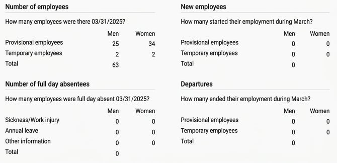 The image shows the KSP specification overview, consisting of four parts: 'Number of employees', 'Number of full-time employees', 'New employees', and 'Departures'.