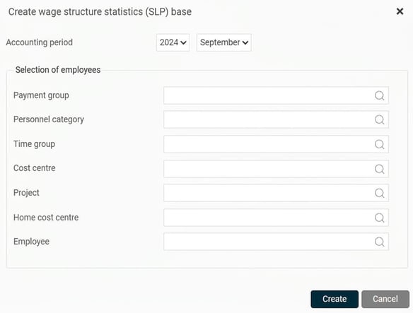 The image shows a box with selection options when creating a new specification for wage structure statistics.