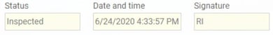 The image shows the fields for status, date and time, and signature.