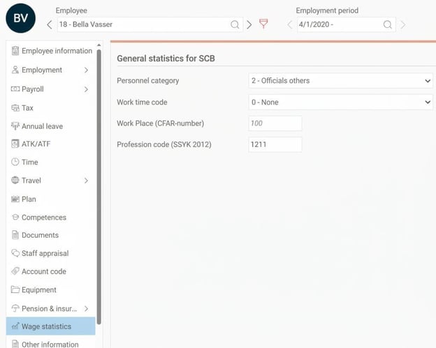 The image shows an example from the Employee register of an employee's settings for statistical data for SCB.