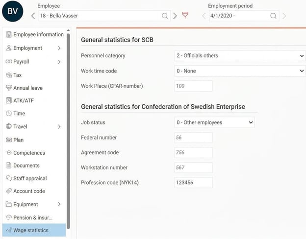 The image shows an example from the Employee register of an employee's settings for statistical data for Svenskt Näringsliv.