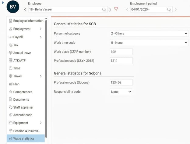 The image shows an example from the Employee register of an employee's settings for statistical data for Sobona.