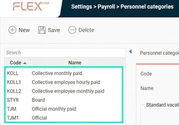 The image shows the list of personnel categories in Flex HRM.