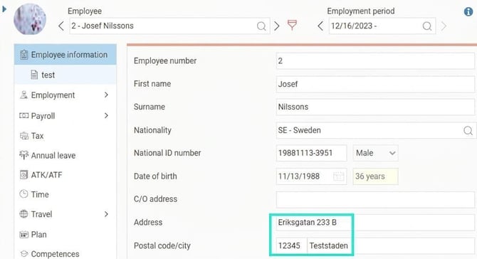 The image shows an employee's address details in Flex HRM.