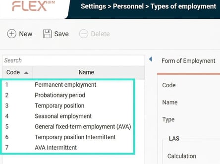 The image shows the list of types of employment in Flex HRM.