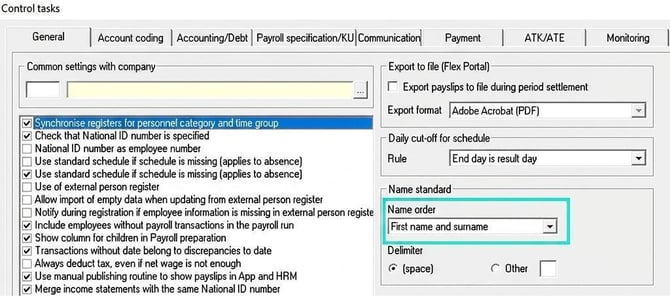 The report displays the control task settings in Flex Classic, where the name standard is set to 