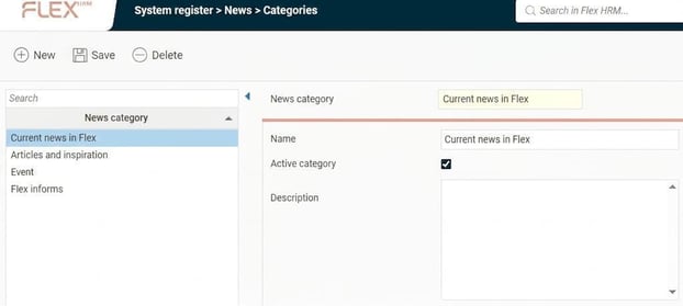 The image shows settings for news categories where you can specify a name and whether the category should be active or not.