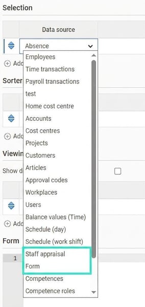 The image shows the data source selection in the report generator where the data sources Staff appraisal and Form are ticked.