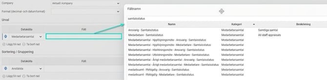The image shows fixed and dynamic fields in the list of field names in the Field column in the report generator's selection.