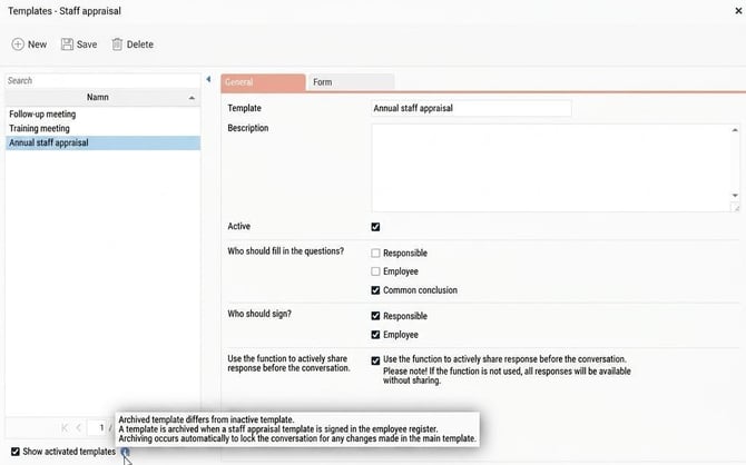 The image shows the list of additional fields for the Employee register where you can see information about how an Archived template differs from an inactive template.