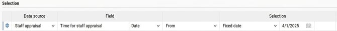 The image shows how to make selections in the report generator for staff appraisal, time for staff appraisal, and date.