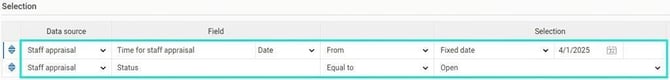 The image shows selection options for staff appraisal status and time and date for staff appraisal.