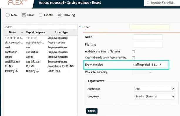 The image shows the export settings and that you can select the created report template as the export template.
