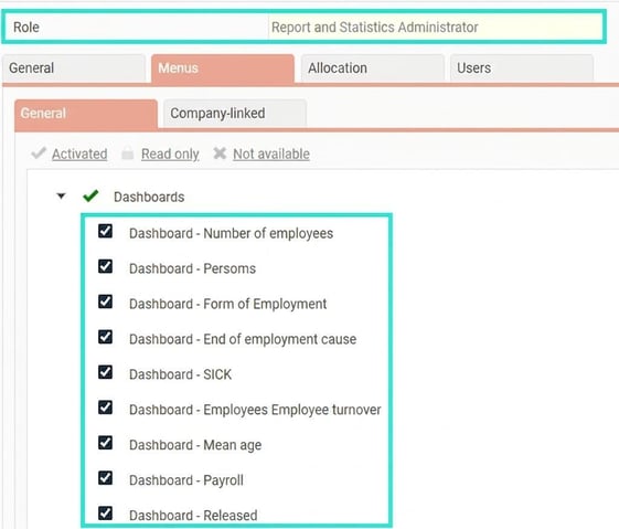 The image shows the dashboard authorisation settings for a role.