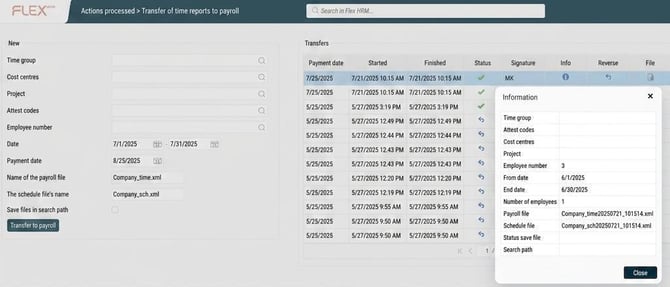 Transfer of time reports to payroll. Selection, as well as a summary of processed payroll transfers.
