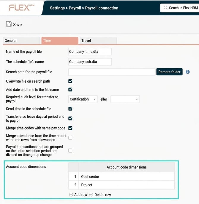 Payroll connection, the Time tab. Cost centre and project are set to be transferred to payroll.