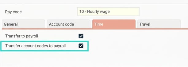 Pay codes, the Time tab. Setting 'Transfer account codes to payroll'.