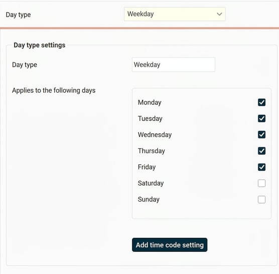 The image shows the Weekday day type, where it is ticked to apply Monday - Friday.