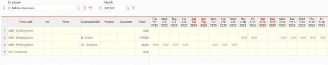 Monthly view. 1–9 July have cost centre SL.