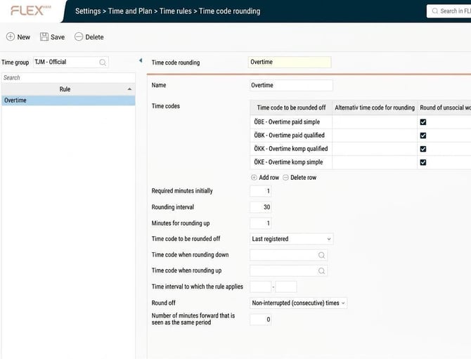 The settings view for time code rounding.