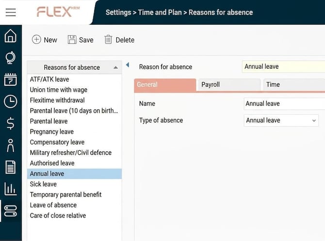 The image shows the setting for Reason for absence, folder General.
