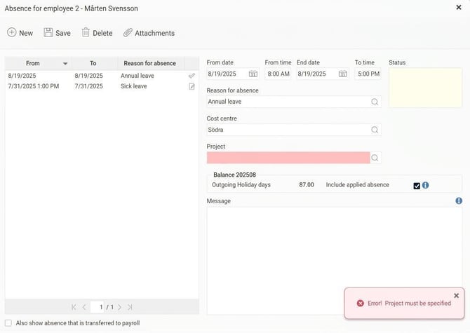 Absence manager. Application for annual leave. Project is not filled in, an error message states that project must be specified.