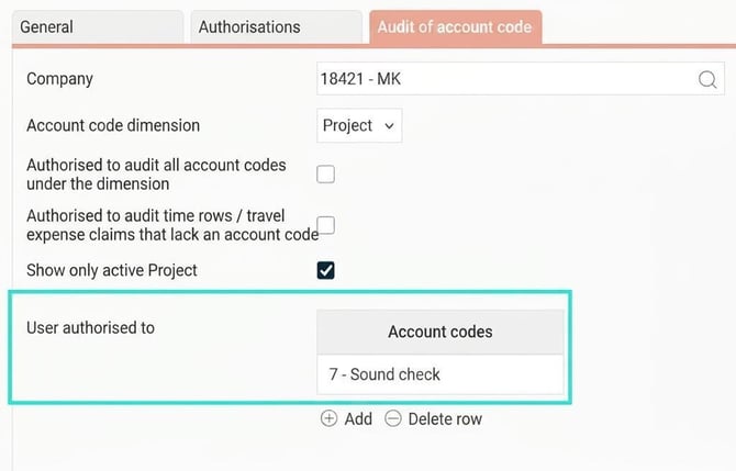 User register. Tab Audit of account code. The user is authorised for a project, 7.
