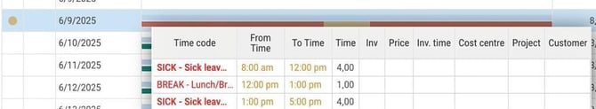 Popup shows that a day has sick leave.