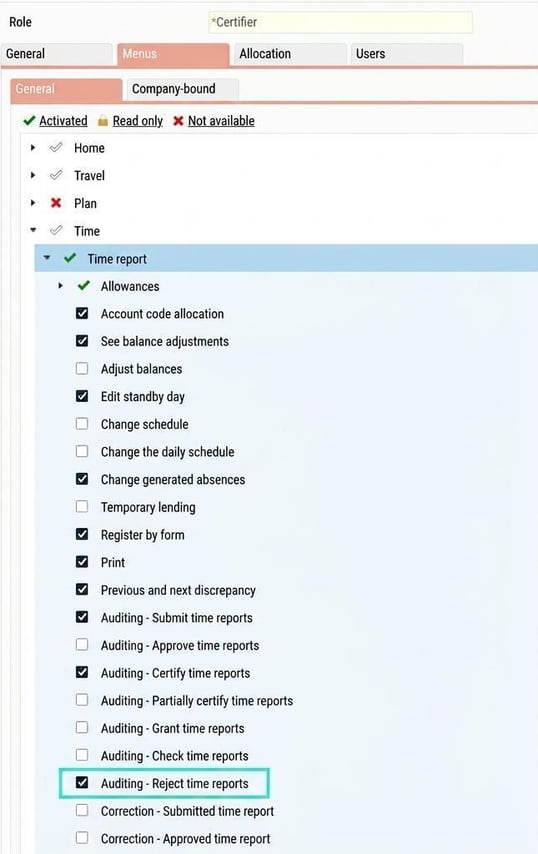 Roles. The authority to reject time reports is found under the Time report node.