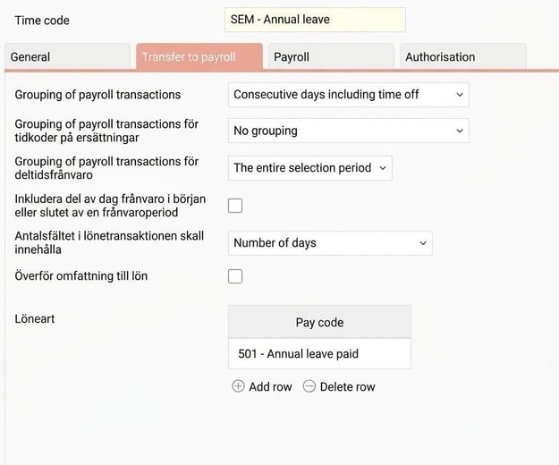 The image shows the settings view for time codes, Transfer to payroll tab.