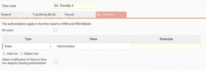 The image shows the settings view for time codes, Authorisation tab.
