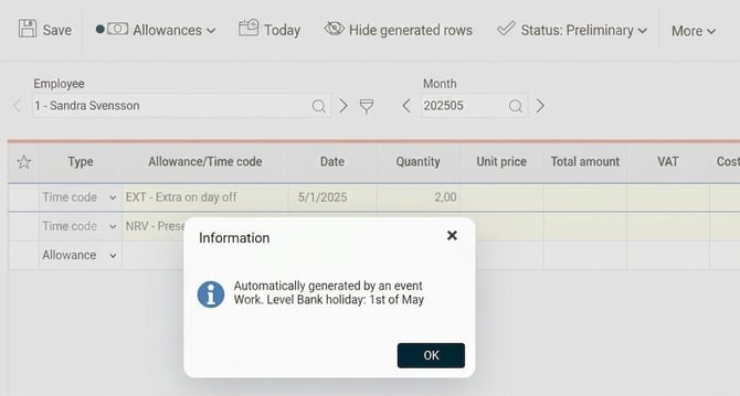 Allowances. Time code EXT 2 hours.