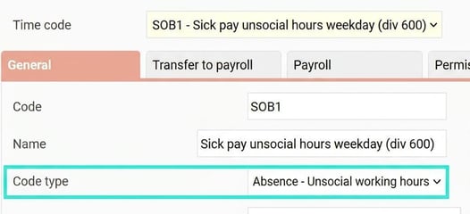 The time code registry. Time code SOB1 has code type Absence - Unsocial working hours.