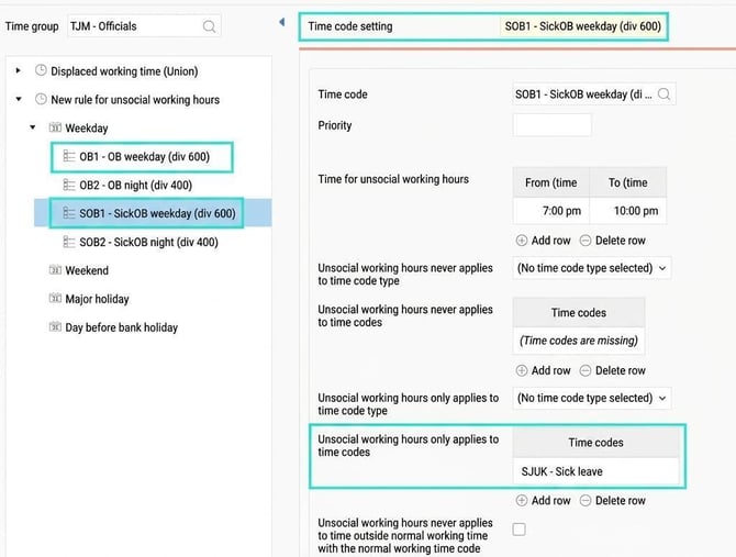 Unsocial working hours- regulations, time code SOB1. Set to apply between 19:00-22:00, only for time code SICK.