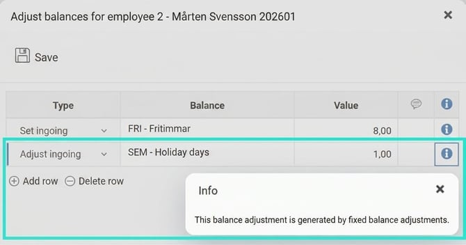 Time report, popup Adjust balances period 202601. Employee 2 has received an extra day of annual leave.