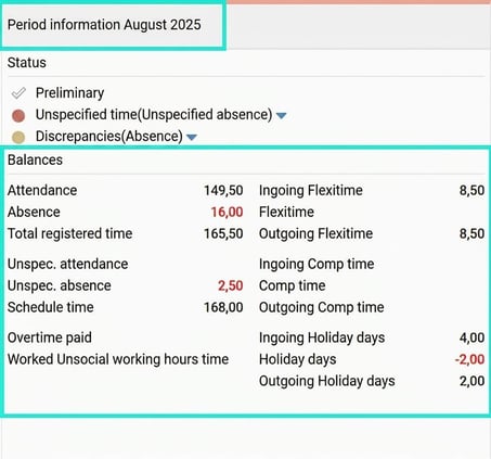 The Period information column in the time report shows the balances that have been set.
