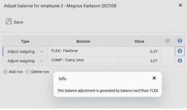 Popup Adjust balances. The flex balance has been reduced by 3.57, which has been added to the comp balance.