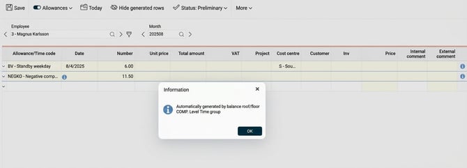 Allowances. The time code NEGKO has been generated from the balance roof/floor.