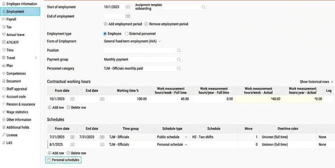 The link to personal schedule under the Employment tab in the employee register.