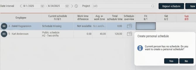 A popup asks if you want to create a new schedule.