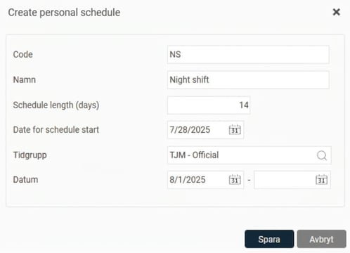 The popup for creating a new personal schedule.