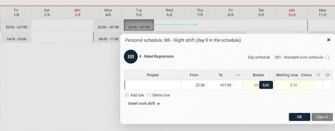 Default schedule view. Double-click on a day to open a schedule popup where you can specify times. An arrow indicates that you can drag shifts to copy/move between days.